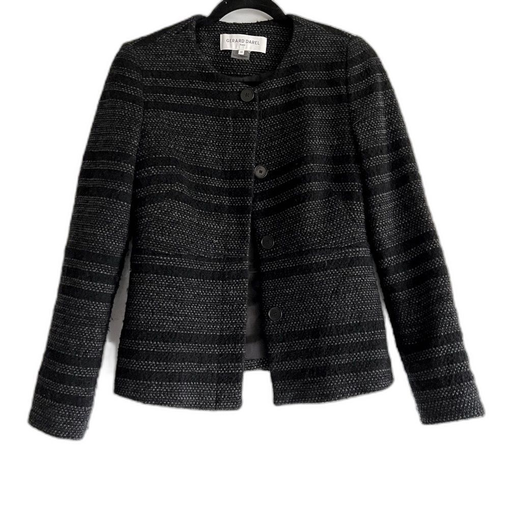 Gerard Darel Paris Tweed Buttondown Grey Charcoal Striped Blazer Size FR 36